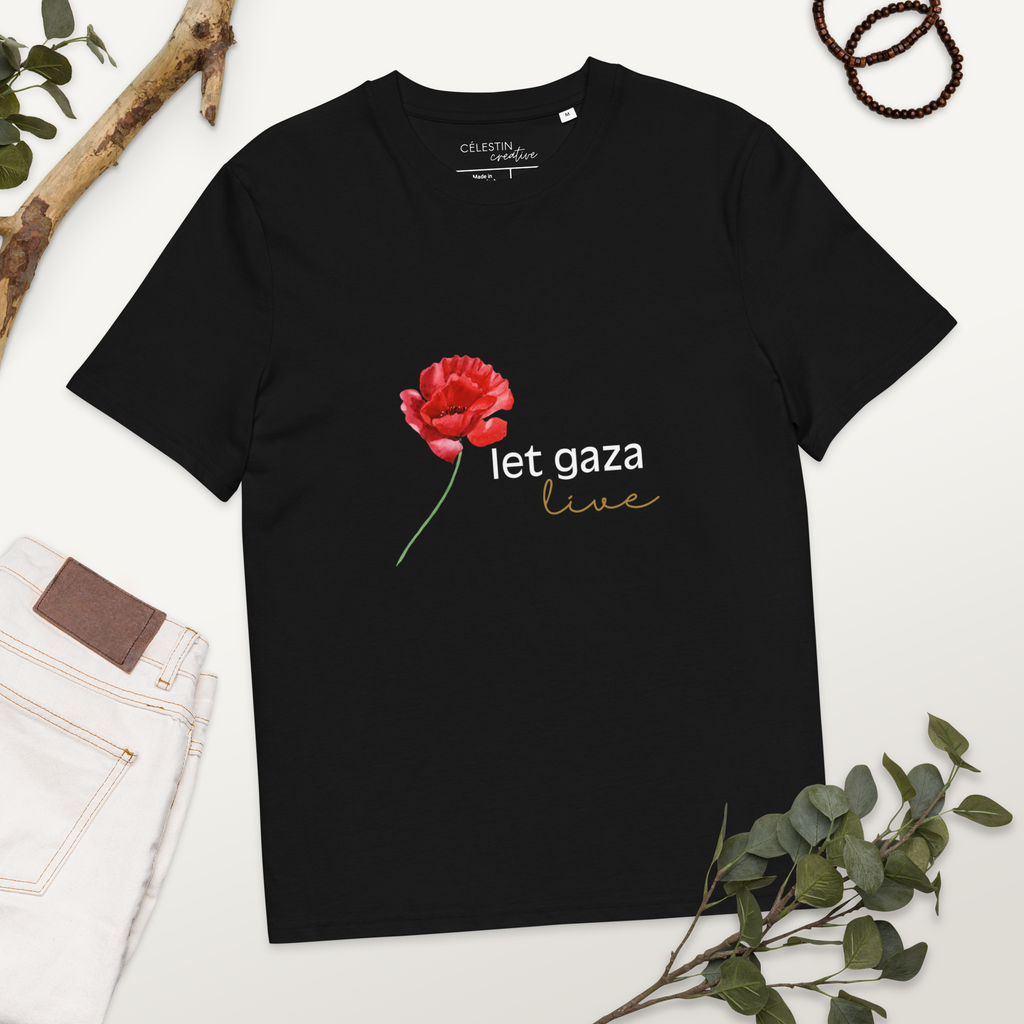 Let Gaza Live | Organic Cotton T-Shirt - Black, Sizes Small-5XL